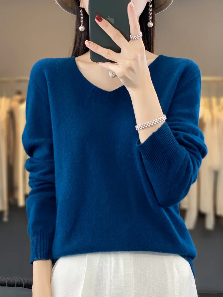 Autumn Winter Women's Sweater Pullover 100% Merino Wool Knitwear V-neck Basic Casual Soft Solid Cashmere Fashion Clothing Tops