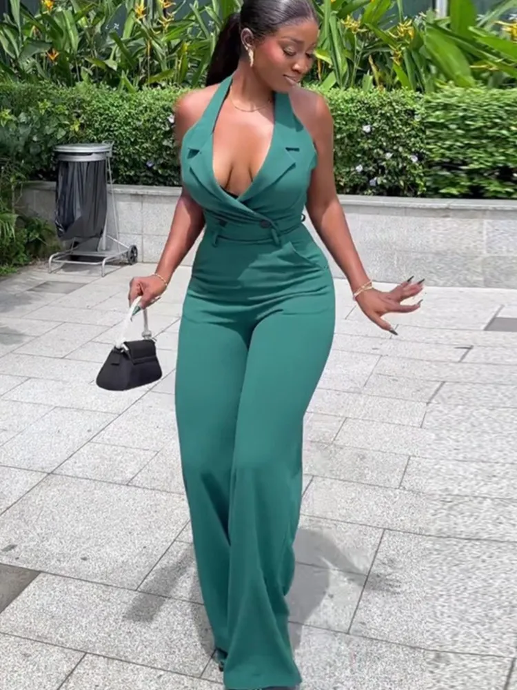 Sexy Backless High Waist Pocket Jumpsuits New Summer Women Solid Halter Sleeveless Wide Leg Pants Rompers Jumpsuit Casual Street