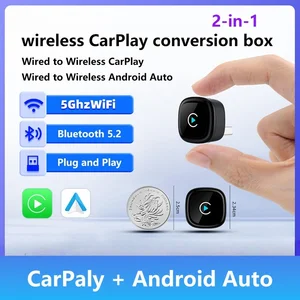 2 in 1 Wireless CarPlay Adapter Android Auto for Car 5G WiFi Plug Play Fast Connection Universal Fit for iPhone Samsung