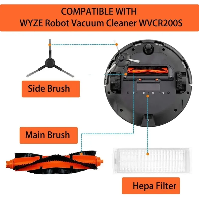 Replacement Accessories For WYZE Robot Vacuum Cleaner WVCR200S, Main Side Brush Hepa Filters