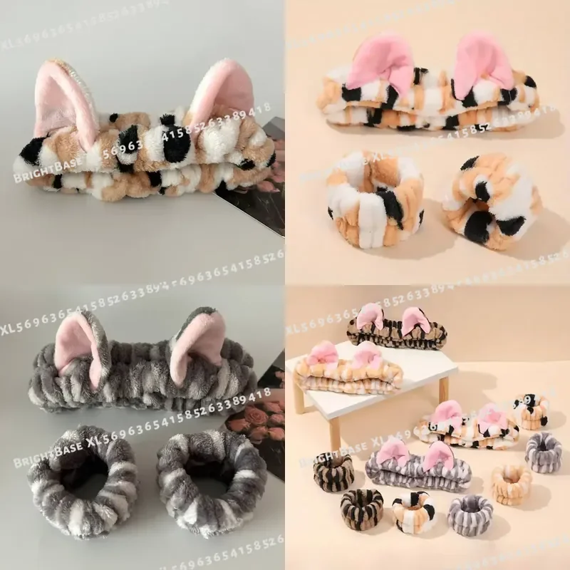 3pcs Set Cute Cat Ear Leopard Print Plush Headband for Women Girls Spa Face Washing Makeup Elastic Wrist Strap Hair Band