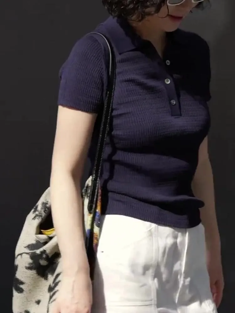 

Fashionable Knitted Short Sleeve Collared T-Shirt Casual Commute Ready Dark Blue Summer Top Women's plus Size Straight Cut Shirt