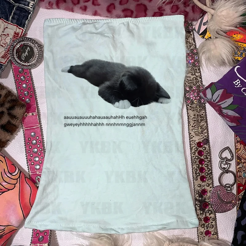 الجمالية القوطية الشرير الطفل المحملة خمر الشارع المرأة عادية طباعة القط كيتي تي شيرت Y2k الملابس لطيف سليم المحاصيل القمم قميص سليم #3