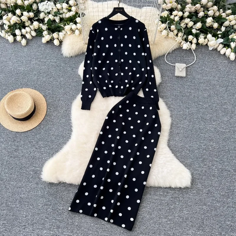 Neploe French High-End Small Fragrance Style Two Piece Set Femme 2024 Autumn O-Neck Polka Dot Knitted Sweater Hip Bag Skirts