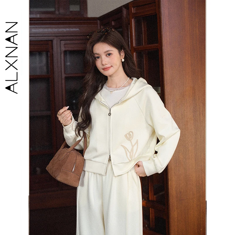 

ALXNAN Women's Hooded Sweatshirt Zippered Flower Embroidered Short Sweatshirts Fall Casual Loose-fit Long Sleeve Coats L57959