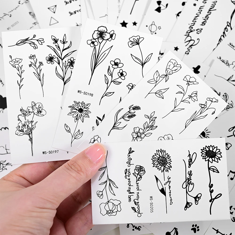 30/35 pièces autocollants de tatouage papillon/fleur noir lettre, ligne géométrique, tatouage temporaire Floral pour femmes hommes corps bras pied décalcomanies