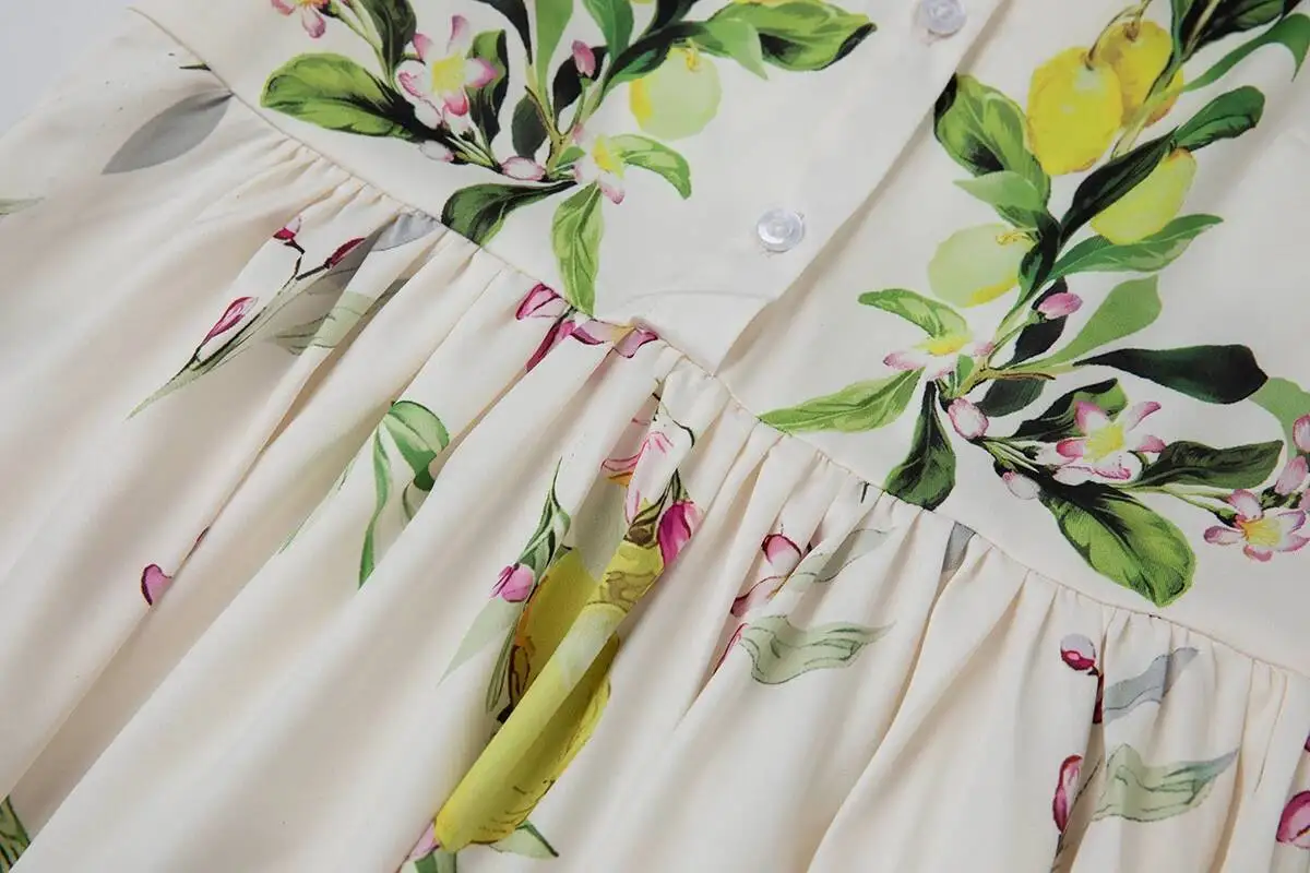 ฤดูร้อน Leaf พิมพ์เสื้อผู้หญิงวินเทจสูงเอวแขนสั้น A-Line ชุดราตรีชุดสุภาพสตรีชุดลําลองยาว Robe