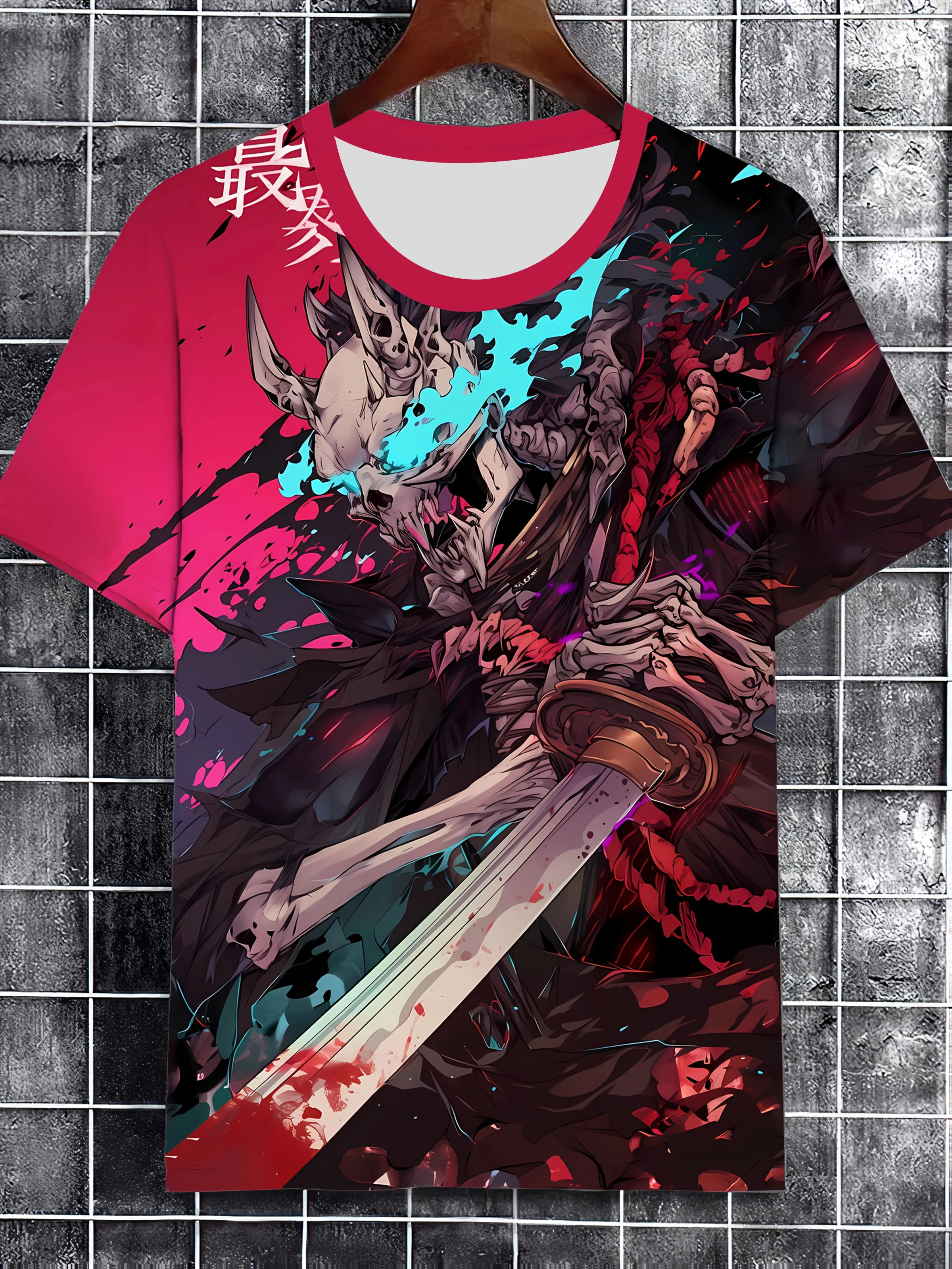 الرجال أنيمي الجرافيك تي شيرت ثلاثية الأبعاد طباعة عادية كم قصير المحملة مع الجمجمة السيف تصميم المتضخم قميص هاواي صيفي ملابس للرجال المحملة