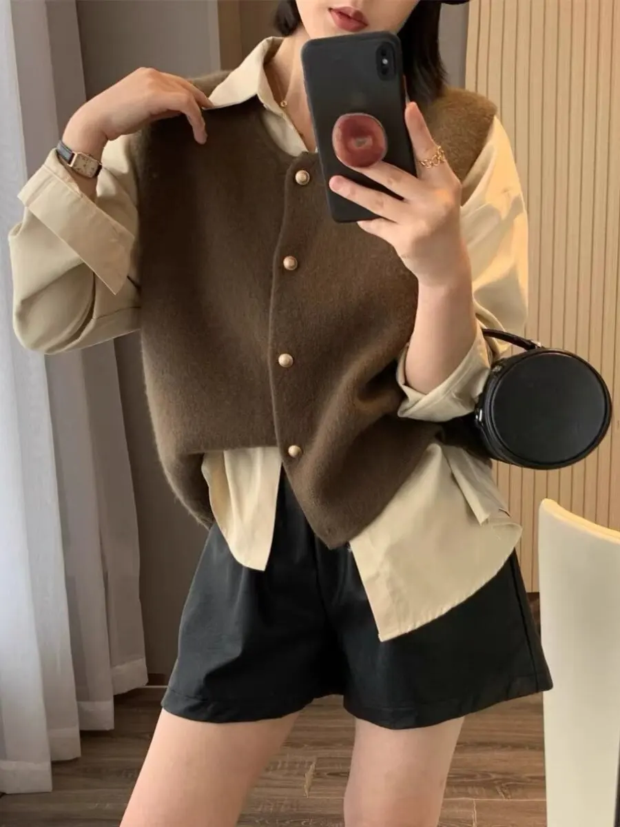 

Women's round Ne Button Knitted Open Cardigan Spring Autumn New Sle Outerwear Layering Slimming Sweater Vest Early Spring...