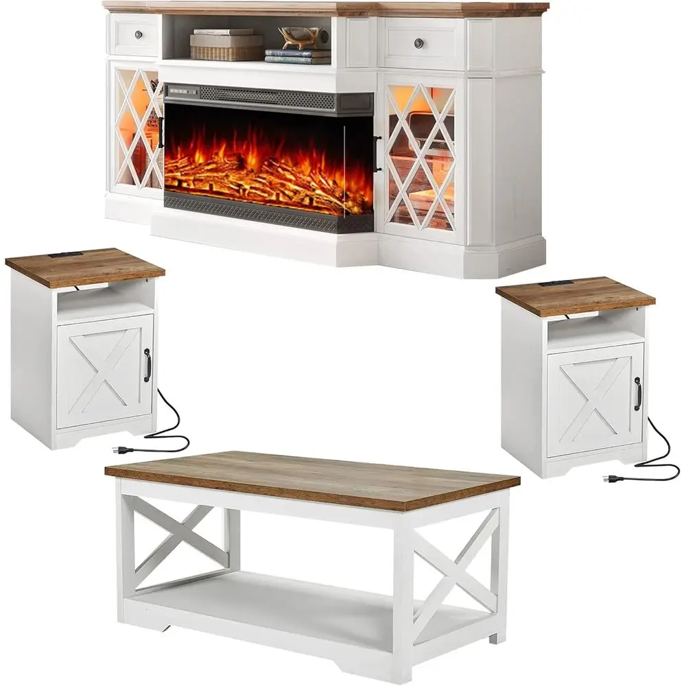 

Rustic 5-Piece Farmhouse Living Room Set with 70 TV Stand, 36 Fireplace, 40 Coffee Table, 2 End Tables and Charging Station in D