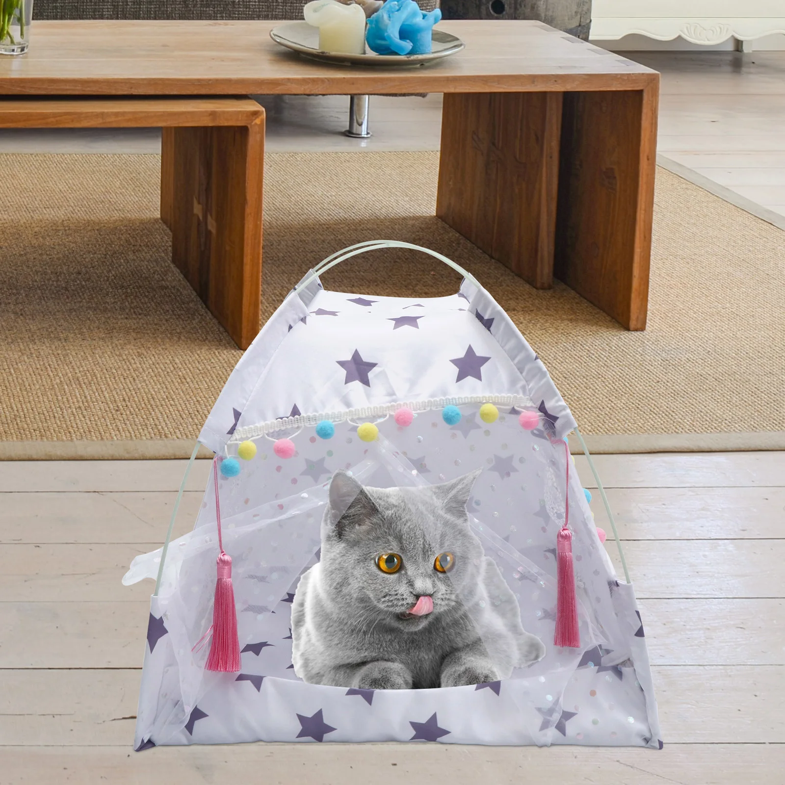 

Semi-Closed House For Cats Dogs Breathable Waterproof Tent Double Sided Mat Elastic Frame Easy Clean Pet Bed Pad Indoor Outdoor