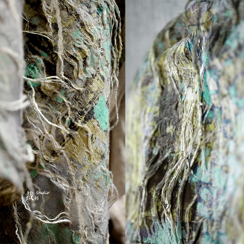 

Moss Scars, Retro Green Irregular Rotten Flowers and Tattered Texture, Three-dimensional Tassel Elastic Suit Designer Fabric