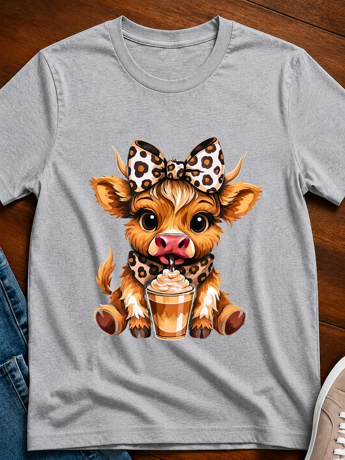 Cute Highland Cow Print T Shirt Women Leopard Bow Coffee Graphic Tees Kawaii Casual Short Sleeve White Top Female Clothing