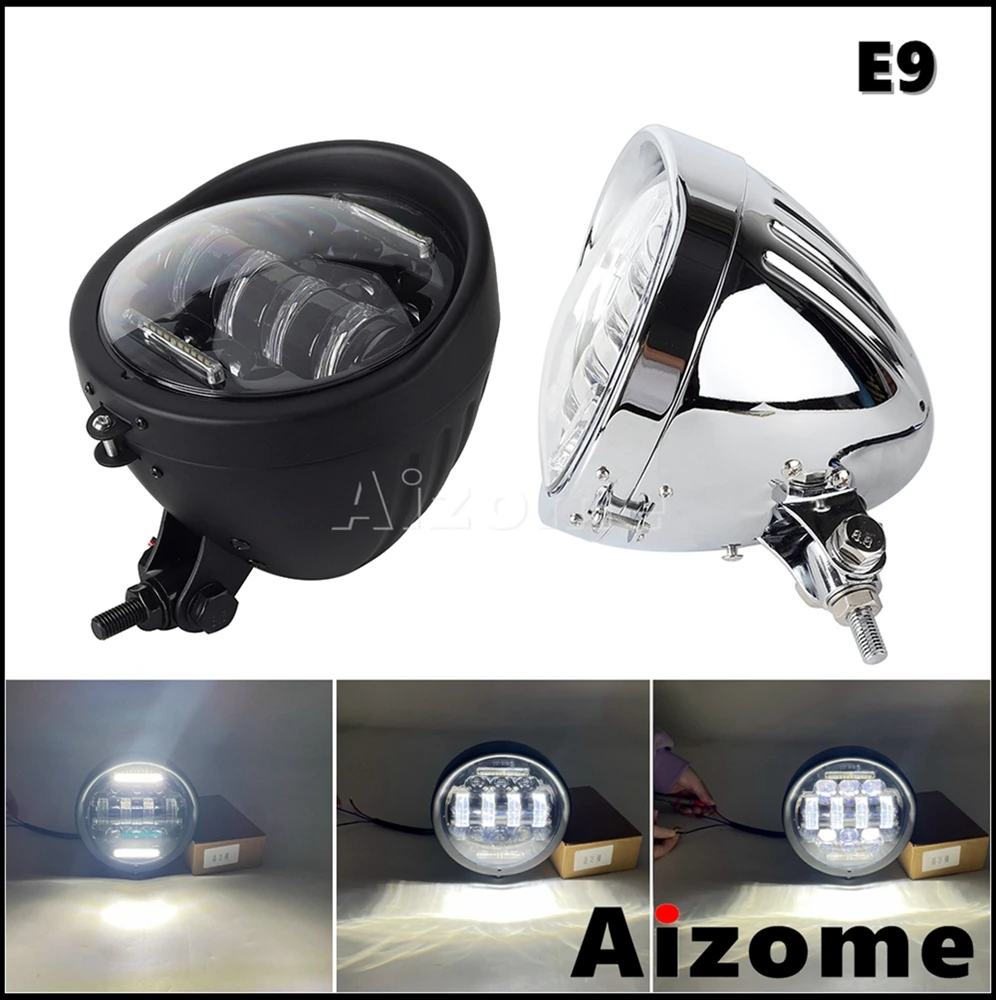 

Universal Motorcycle LED 5.75 inch Headlight For Chopper Bobber Cafe Racer White DRL Headlamp E9 Hi/Lo Front Head Lights Moto