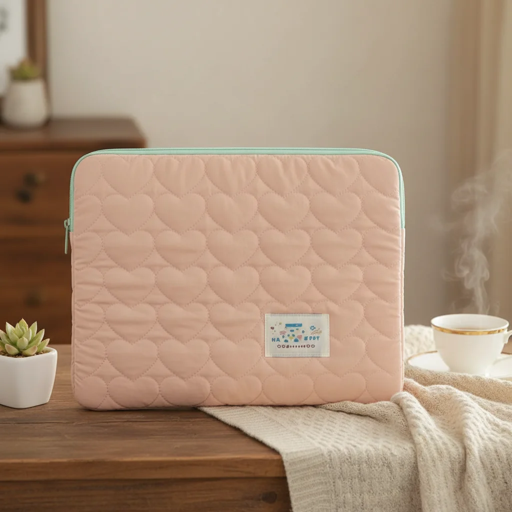 

Cute Quilted Laptop Storage Bag Cartoon Prints Love Plaid Tablet Sleeve Pouch Protective Ultra Soft Computer Bag For Women