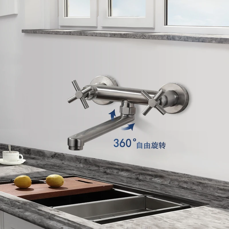 صنبور حوض المطبخ بفتحة مزدوجة مثبت على الحائط قابل للدوران 360 درجة °   صنبور حوض السفينة الحديث بمقبضين، صنابير خلاط باردة وساخنة مصقولة