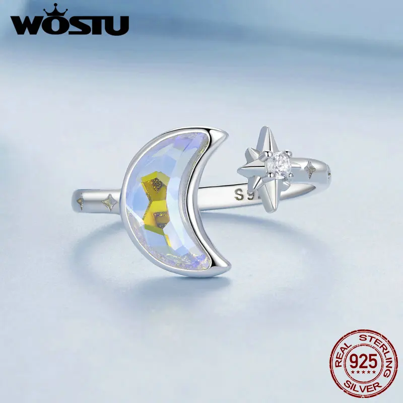 WOSTU Original 925 Sterling Silver Moon Star Opening Ring  For Women Wedding Party Daily Gift Adjustable Jewellery FNR503-E