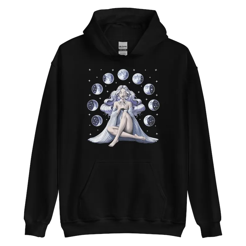 Moon Goddess Hoodie, Gothic Sweatshirt, Moon Phases Hoodie, Witch Hoodie, Magical Clothing, Goth Clothes, Wicca Outfit, Witchcra