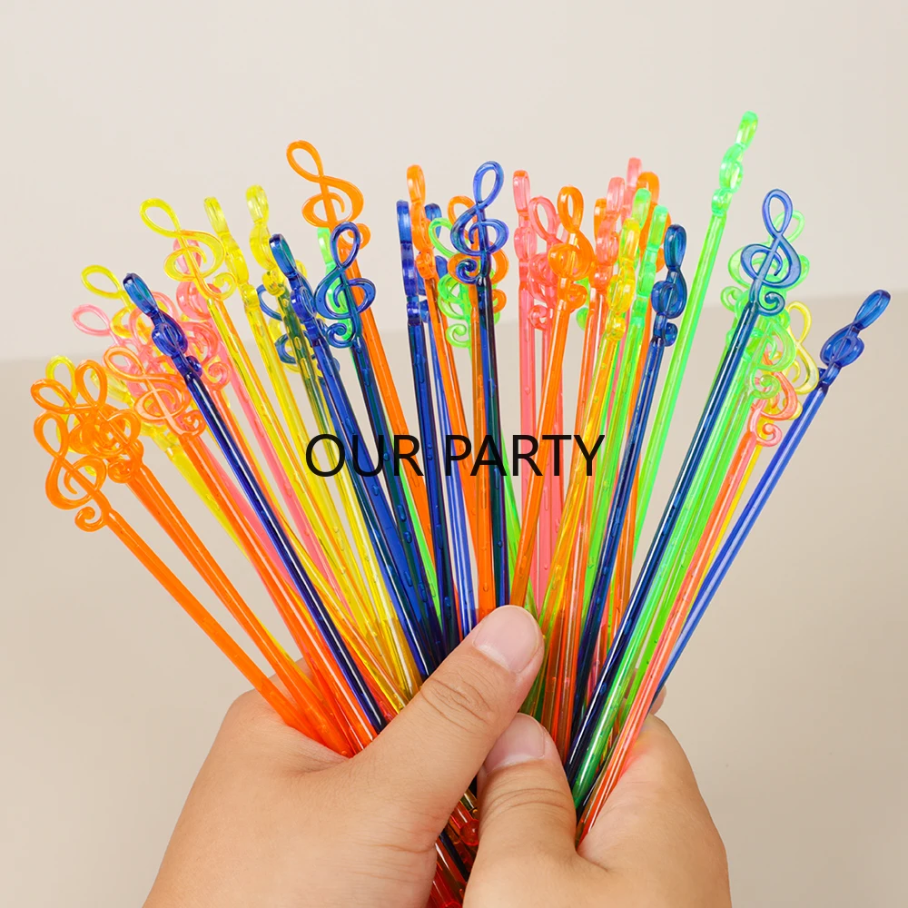 50Pcs Colorful Music Note Plastic Swizzle Sticks Cocktail Coffee Juice Drink Wine Stirrer for Wedding Birthday Party Decoration