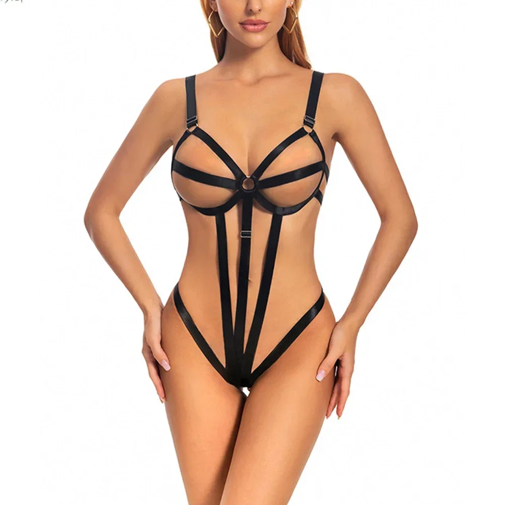 

Nightwear Womens Bodysuit Black Breathable Harness Backless Hollow Out Leotard Thong Club Lingerie Nylon Seamless