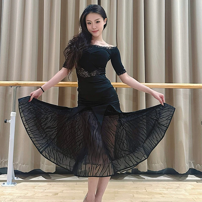 

Одежда для бальных танцев, черные кружевные топы с вырезом лодочкой, юбка для взрослых, костюм для вальса, танцевальный костюм для выступлений, платье для социальных танцев BL17110