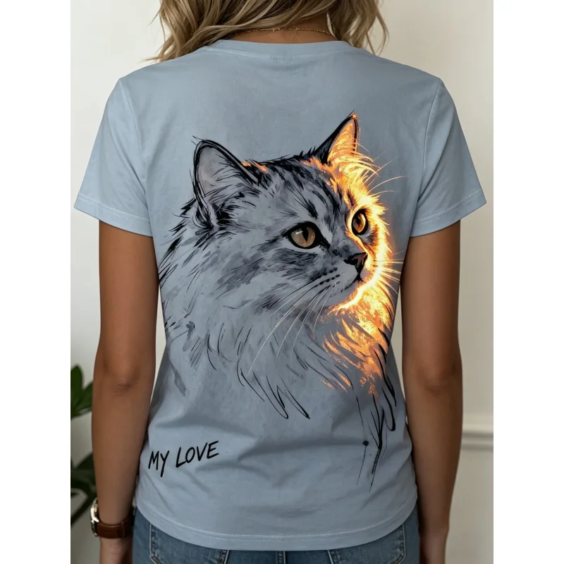 2026Women's Digital Print Round NeckTShirt Women's Artistic Glowing Cat Sketch Print T Shirt