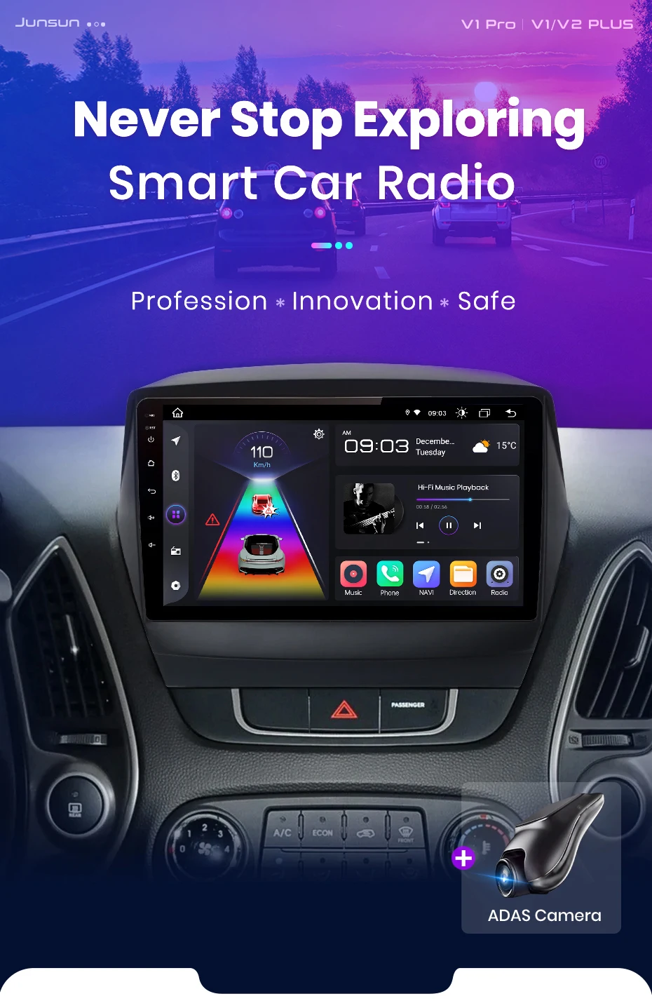 Junsun Kabelloses CarPlay Android Auto Autoradio für Hyundai Tucson 2 ix35 2009 - 2015 2 DIN Multimedia-Stereoanlage mit integriertem Lüfter GPS-Navigation SWC Bluetooth FM RDS DSP IPS-Bildschirm Auto-Intelligentes System 4G WiFi 8-Kern Plug&Play Head Unit – Detail 2
