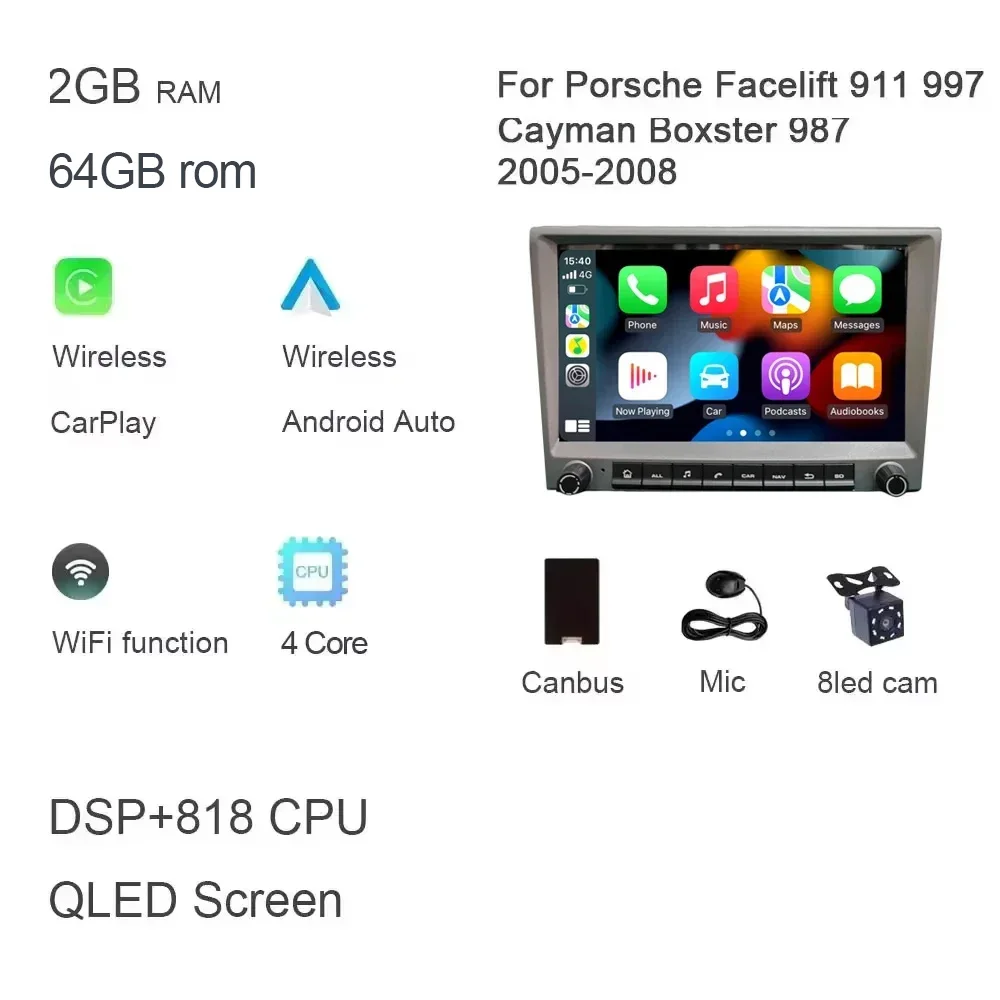 Grijs 720P CarPlay 8 "Android 14.0 Auto dvd-speler 8 Core 4GB DSP multimedia GPS autoradio Voor Porsche 911 997 987 Cayman Boxster