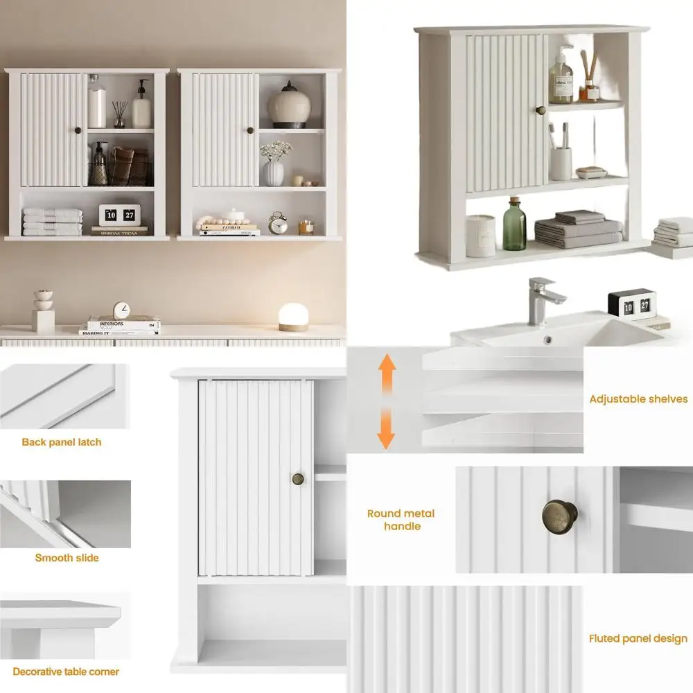 

Белый настенный шкафчик для медикаментов с раздвижной дверцей и регулируемыми полками для хранения в ванной комнате