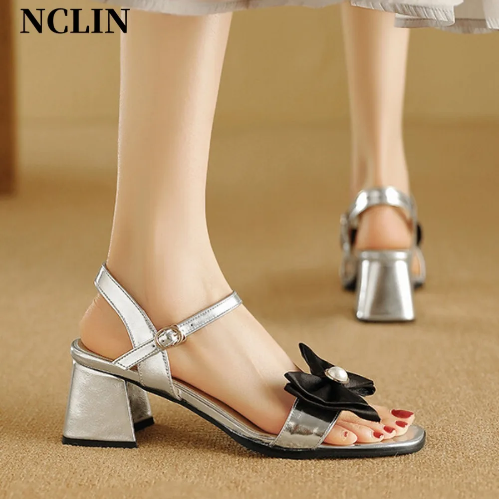 

Fashion Womens Sandals White Silver Mid Heels Casual Shoes Woman Open Toe Summer Square Female Ankle Strap Open Heel Size 45