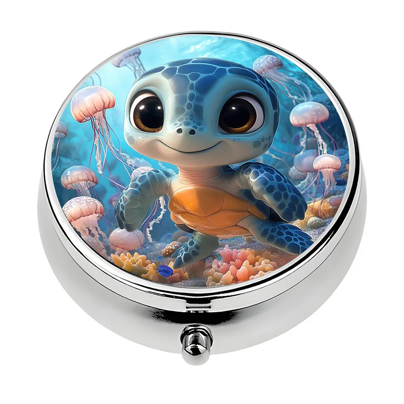 1-piece 3-compartment cute cartoon ocean-themed storage box, vitamin organizer, portable travel storage container