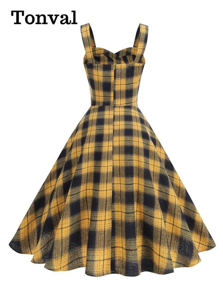 Tonval mouwloze V-hals geruite wikkeljurken voor dames jaren 1950 vintage damesfeest elegante rockabilly swingjurk