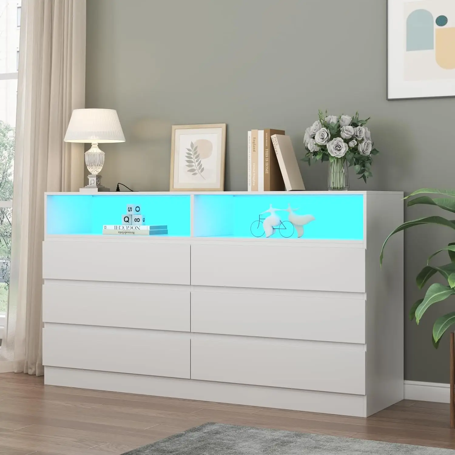 

6 Drawer Double Dresser, White Dresser with Power Outlet, Accent Chests of Drawers with LED Light for Bedroom, Living Room