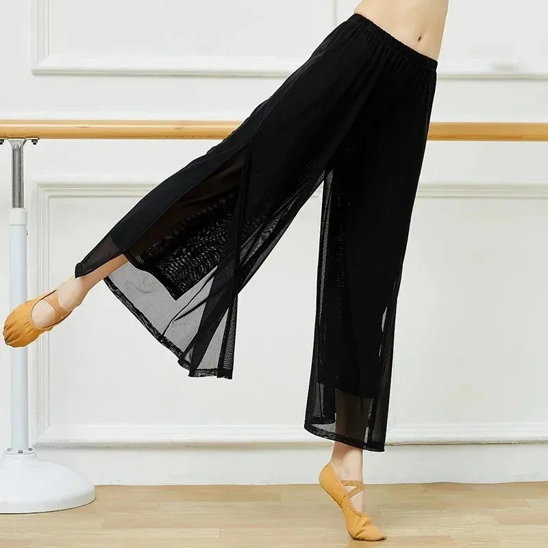 السراويل الرقص الحديثة للنساء شبكة النايلون فضفاضة واسعة الساق الرقص السراويل الصينية الكلاسيكية الرقص اليومي السيدات اليوغا السراويل