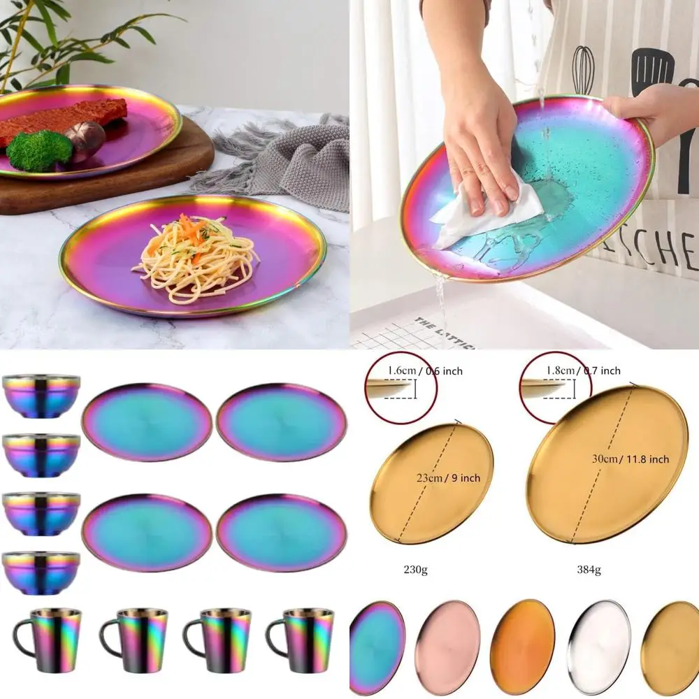 

Rainbow 12-Piece Kitchen Dinnerware Set: Stainless Steel Plates, Bowls, Pasta Bowls, and Insulated Espresso Cups