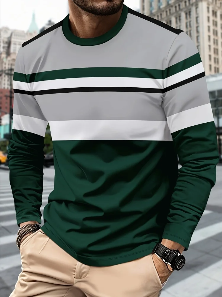 Men's Casual Striped Printed T-shirt 3D Printed Breathable Quick-drying Round-neck Long-sleeve T-shirt, Simple Style Workwear