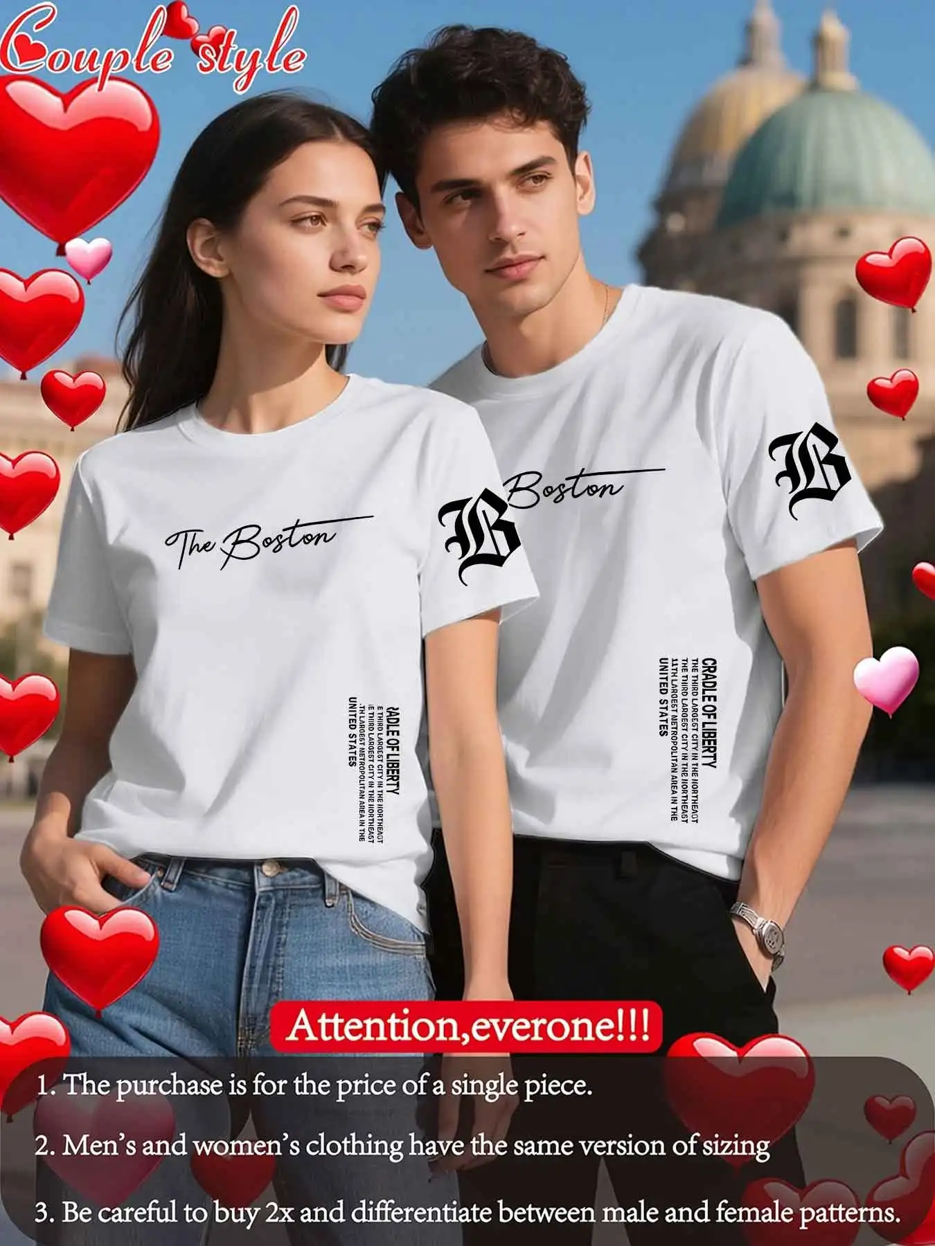 Couple Matching T Shirt Men Women Crew Neck Short Sleeve Boston Letter Graphic Print Summer Casual Loose Tees Tops