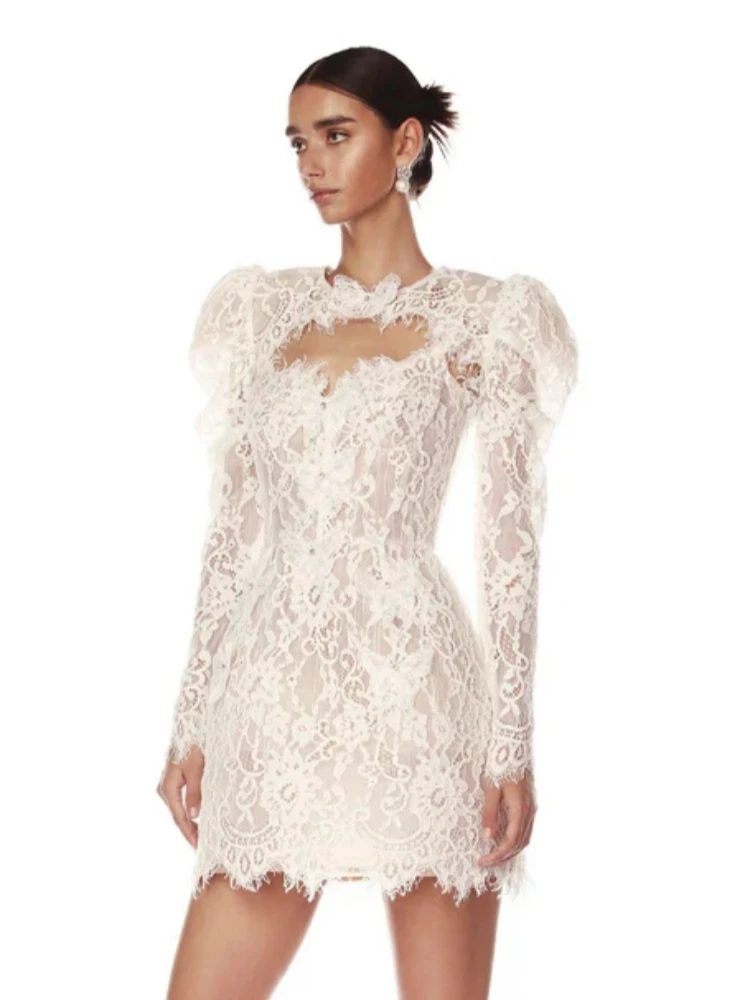 Sexy O Neck Long Sleeve Lace Floral Mini Dress Women White Backless Luxury Bead Strap Slim Dresses Elegant Evening Party Gown