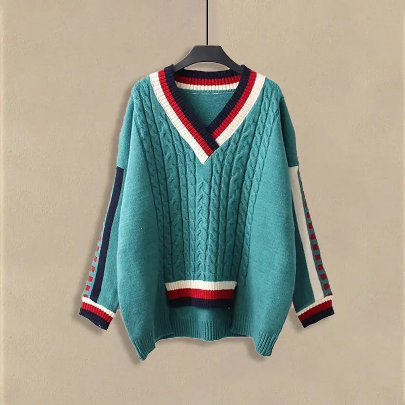 2023new Autumn and Winter Fashion Trend Colored V-neck Jacquard Long Sleeve Loose Relaxed Thickened Oversized Pullover Sweater