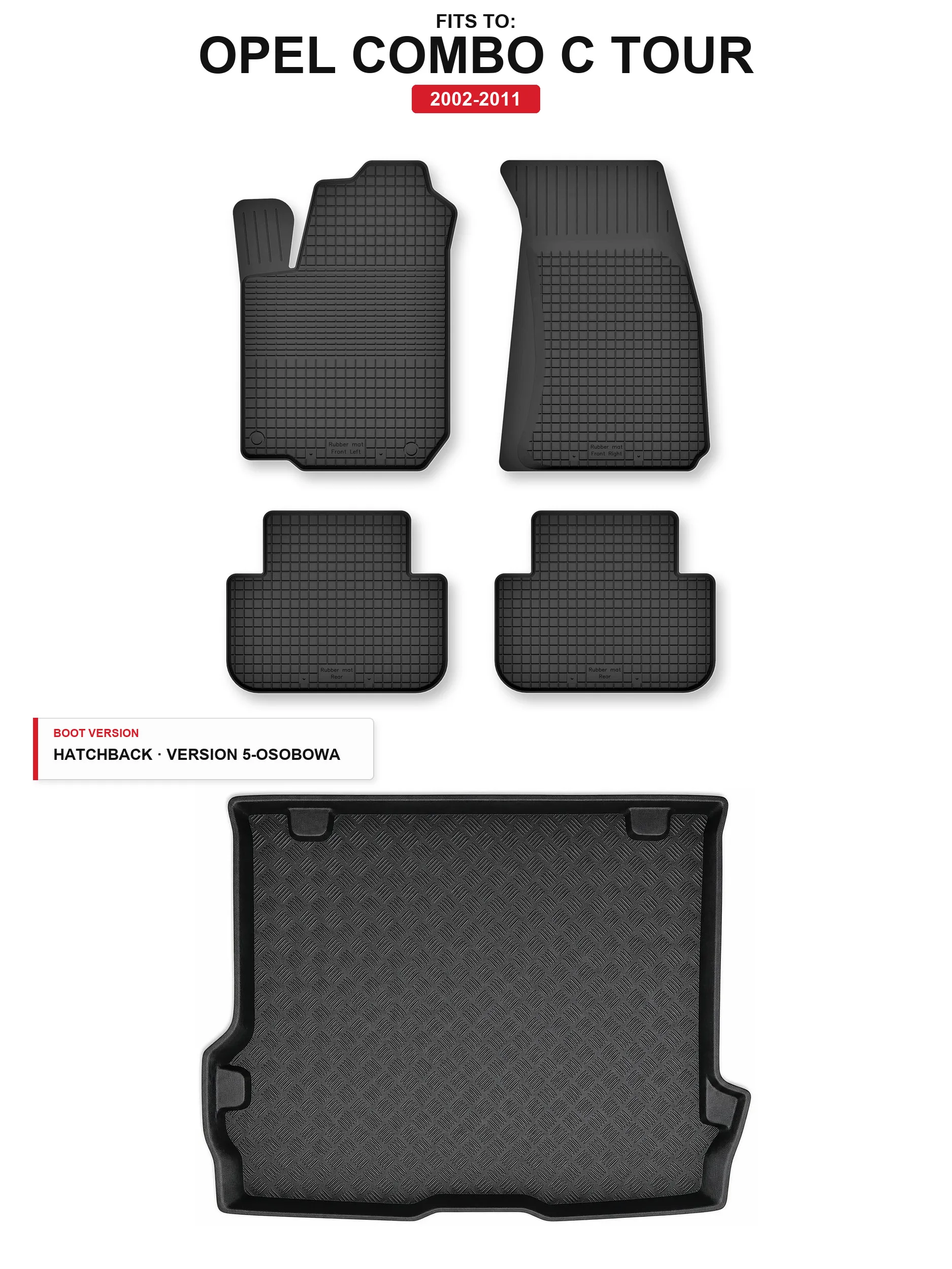 Image of Teppiche im Kofferraum + Kofferraummatte für: Opel Combo C Tour 2002-2011 5 El.