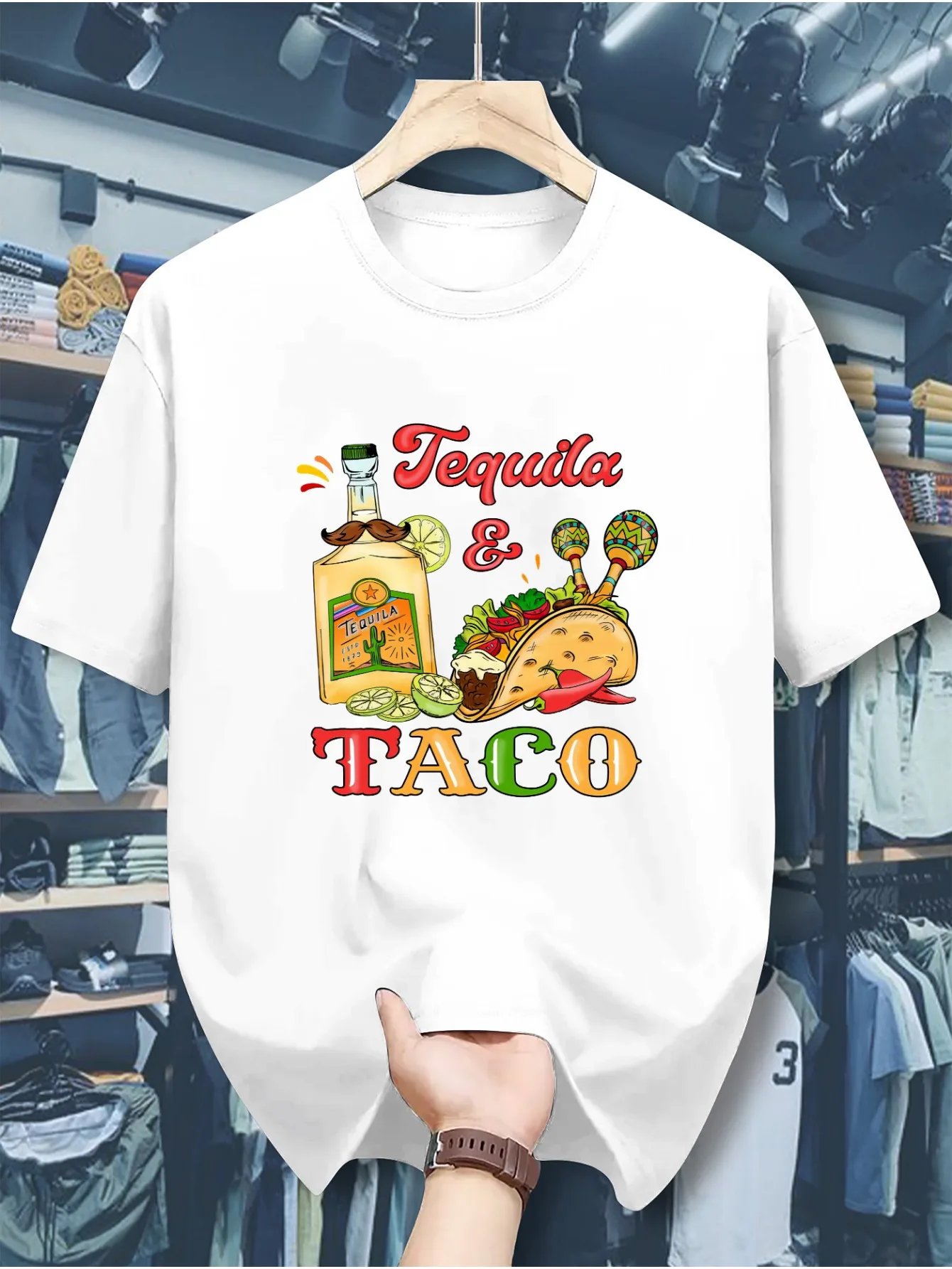 Agave and corn print T-shirt - Casual polyester knitted crew-neck T-shirt, stretchable adult summer short-sleeved T-shirt
