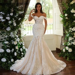 EVLAST Customized Mermaid Wedding Dress Off Shoulder Vestido De Novia Lace Appliques Wedding Bridal Gown Robe De Mariee TMD04
