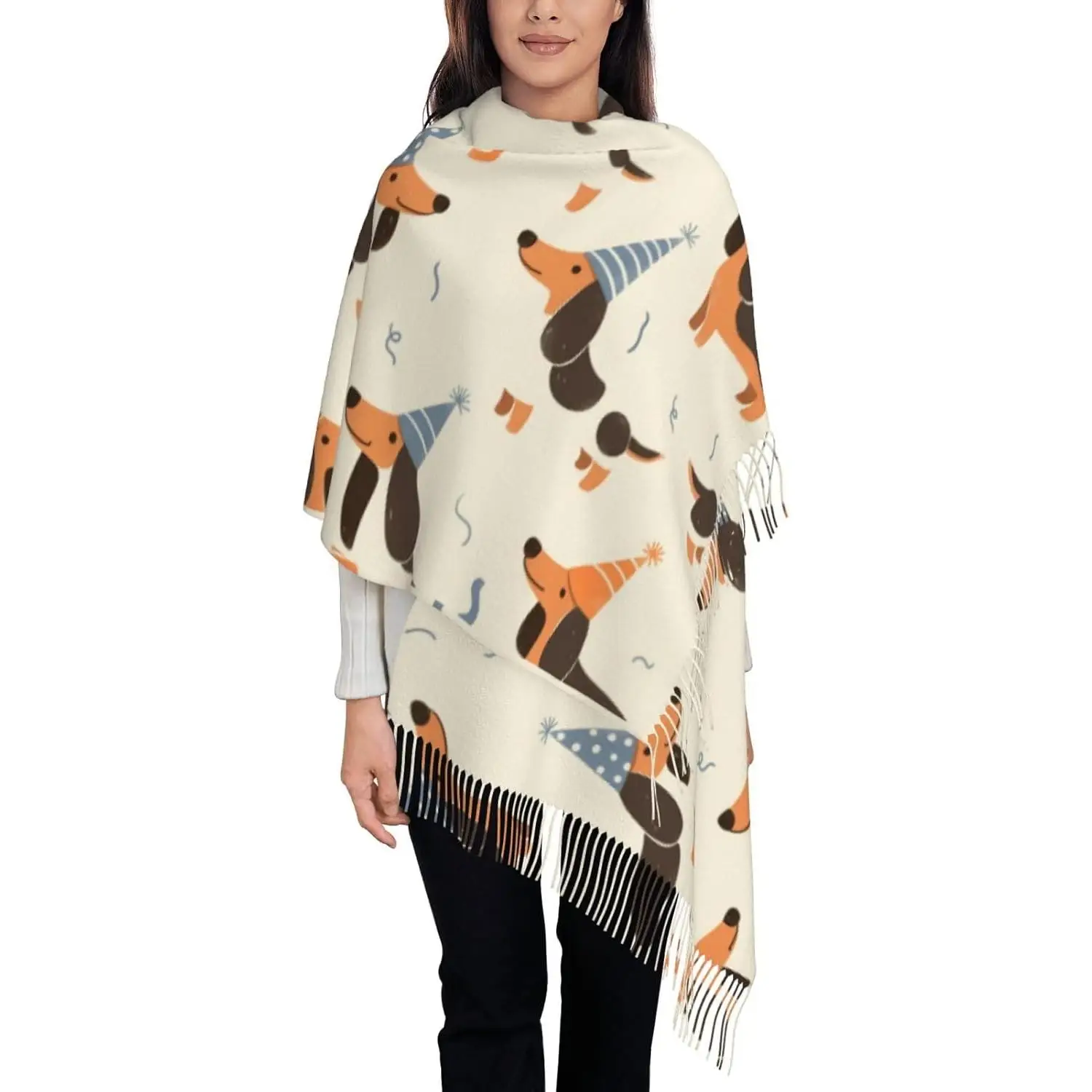 

Забавный зимний мягкий шарф с таксой, милая собака-колбаска, женские теплые шали, уютный шарф с кисточками для яркого щенка