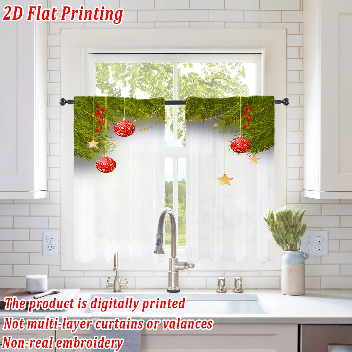 ستارة شفافة للمطبخ مطبوعة مسطحة لعيد الميلاد مع فرع كرة عيد الميلاد المجيد على شكل نجمة من الصنوبر لحفلات ديكور المنزل في عيد الميلاد #1