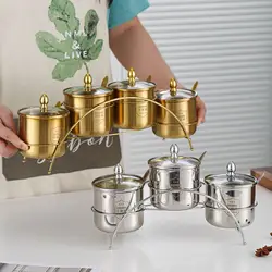 Creative Gold Silver Stainless Steel Spice Jar with Spoon Transparent Lid Salt Sugar Pepper Jar Kitchen Metal Goods Storage Box
