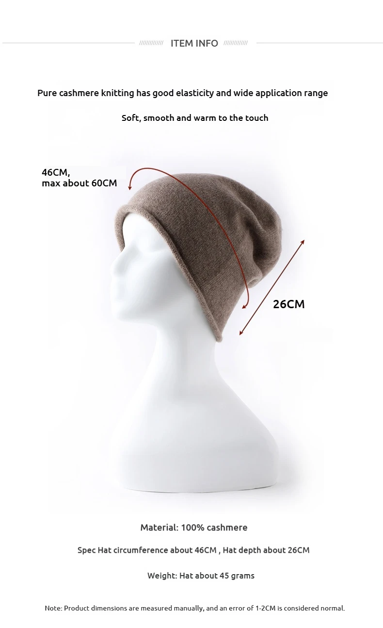 Damen-Mützen aus 100 % reinem Kaschmir, solide Kappen, gerollter Saum, lässig, Basic, weich, Herbst und Winter, echter Kaschmir, warme Schlafhaar-Mütze – Detail 3
