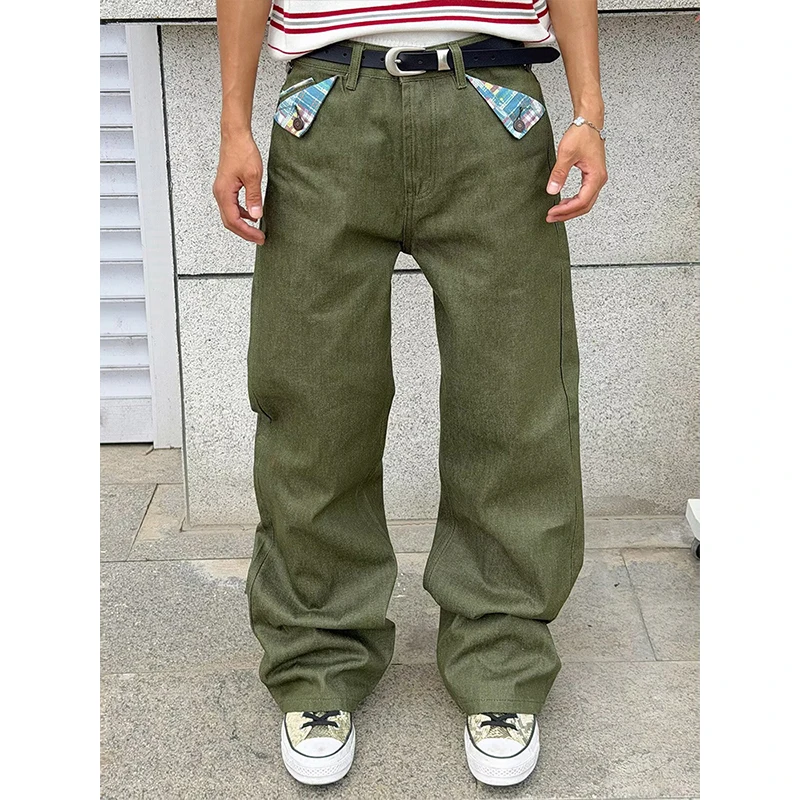 Man's Buckle‑Back Washed Jeans Girls Autumn Flip Pockets Plaid Panel Loose Wide‑Leg Jeans Lady Daily Denim Pants