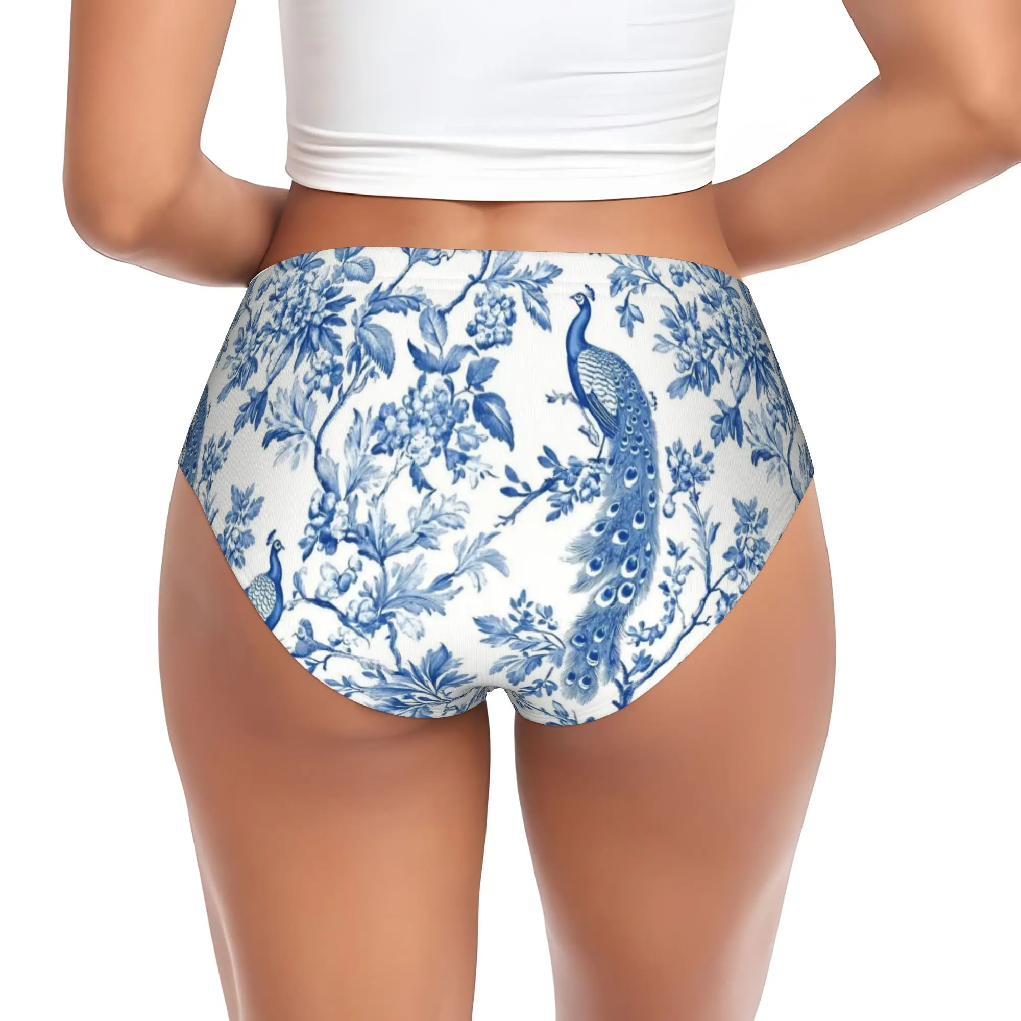 Custom Blue Toile Fabric Brief Panties Women's Stretch French Motif Flora Underwear