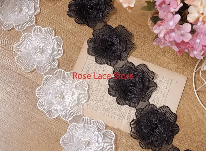 2 yards 3D flower pearl beading Lace Trim, floral embroidery  tulle lace trim, For Doll Dress,Bridal Hairband Width 3.5‘’