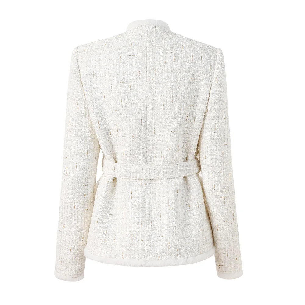 Veste Blazer en Tweed Blanc Élégant pour Femme avec Ceinture, Vêtement de Bureau, Manteau à Simple Boutonnage, Robe de Bal, 03